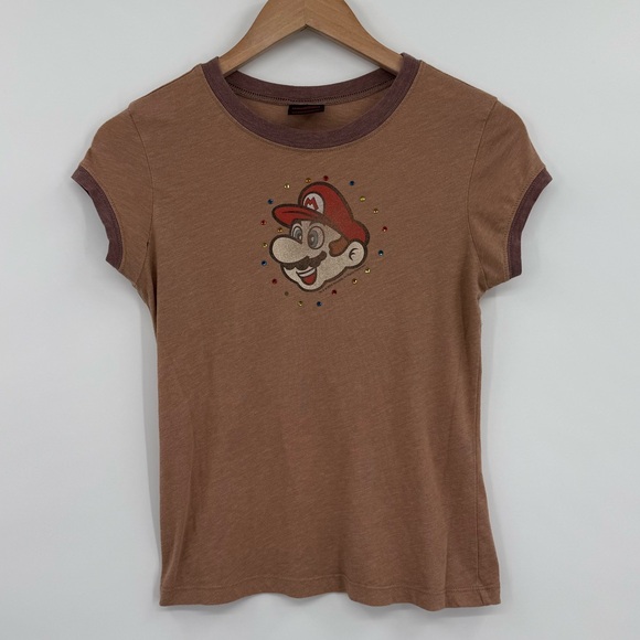 Nintendo Mario Graphic Rhinestone Ringer Tee in Brown | XS/S - Picture 1 of 6